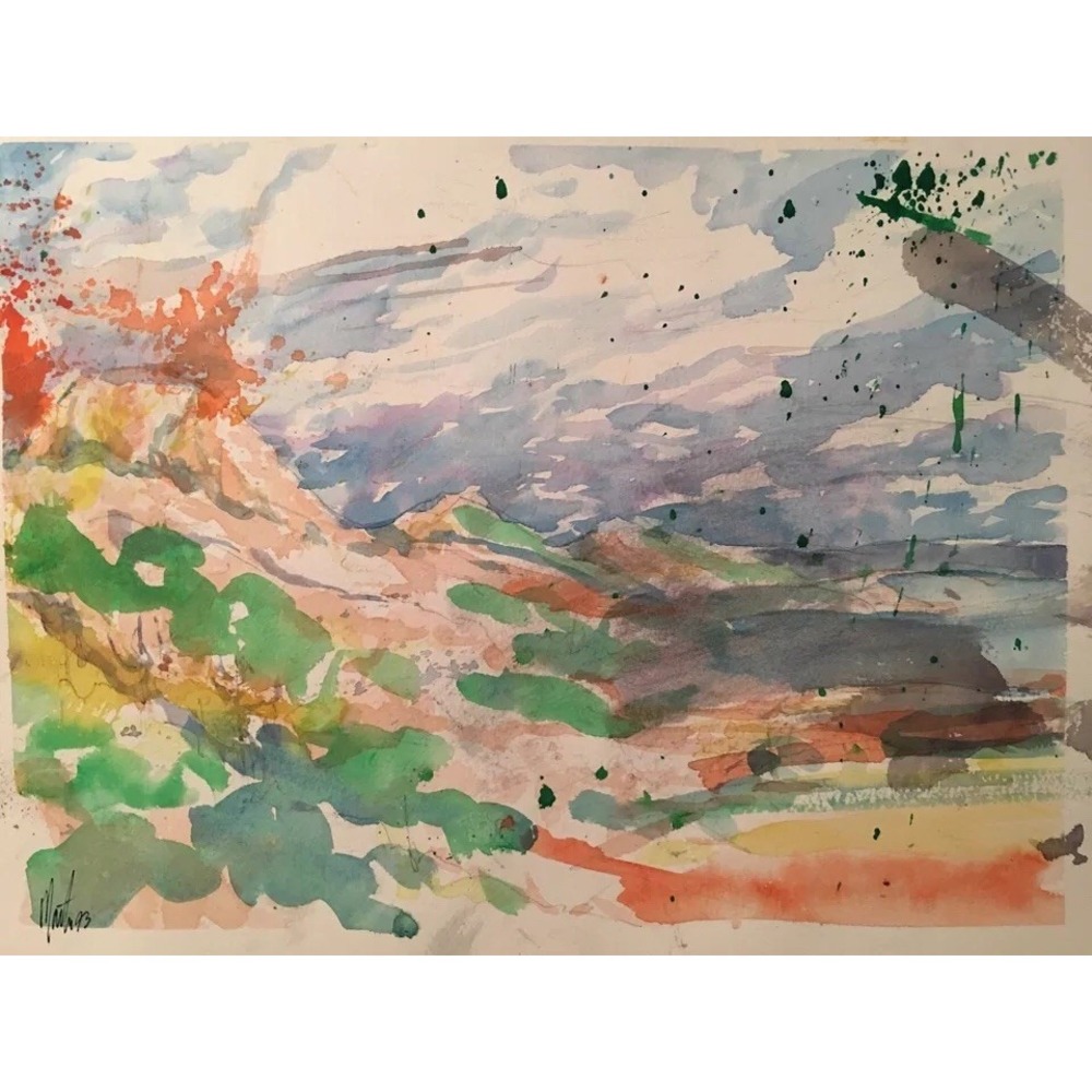 MARTIN EDER? 1993 Signed Original Watercolor Landscape Mountains